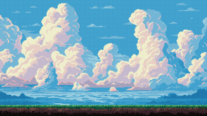 Wall Mural - pixel art sky background, clouds, blue sky, 8 bit game level, vector