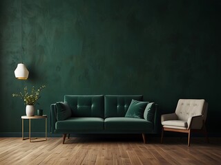 Wall Mural - Immerse yourself in the beauty of this light room, featuring a plush sofa and cozy armchair, all set against a rich green wall that creates a stunning contrast and adds a touch of elegance.