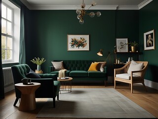 Wall Mural - Immerse yourself in the beauty of this light room, featuring a plush sofa and cozy armchair, all set against a rich green wall that creates a stunning contrast and adds a touch of elegance.