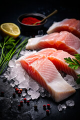 Wall Mural - raw fish fillets on ice with herbs and spices on the side.