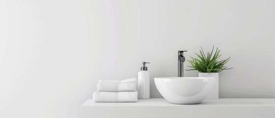 Minimalist bathroom with a white sink, a single towel, and a small plant, clean and fresh design, white background