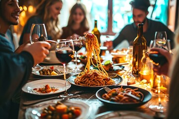 Group of friends having a pasta dinner party at restaurant - Happy young people eating italian traditional food together - Food and beverage lifestyle, Generative AI