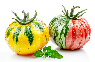 Wall Mural - Whole tomatos with water drops and leaves on white background. Concept of vegetables.