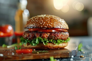 Wall Mural - A hamburger with lettuce and tomato on a wooden cutting board. The burger is topped with sesame seeds and is served with a side of ketchup