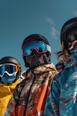 Sticker - Three people wearing ski gear and goggles are standing in a line. They are all wearing helmets and goggles, and one of them is wearing a scarf. Scene is casual and relaxed