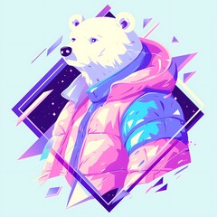 Bear mascot illustration in oversized jacket, vector logo style, e-sport gamer style, on isolated background.