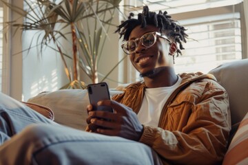 Canvas Print - A man is sitting on a couch with a cell phone in his hand. He is smiling and he is enjoying himself