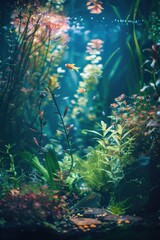 A colorful underwater scene with fish swimming in the water. The fish are orange and yellow, and the plants are green. Scene is peaceful and serene, as if one is swimming in a beautiful
