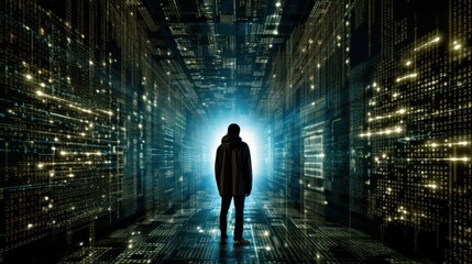 Wall Mural - a hacker walking through a tunnel of computer code