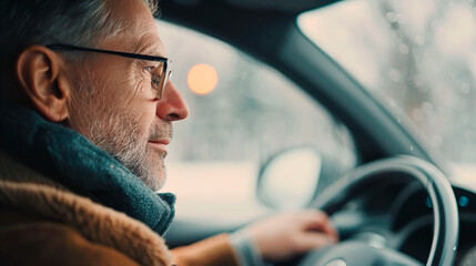 Canvas Print - A man in a car with a scarf around his neck and glasses on his face