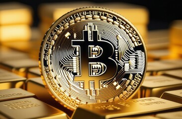 Large bitcoin icon is the center of a bitcoin network. Crypto currency banner with copy space from the right and left side. Bitcoin coin with space for text on gold background. Concept of