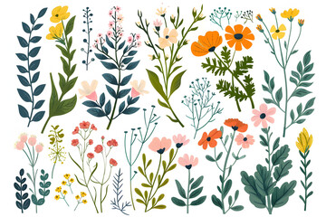spring illustration elements with flowers and plants.