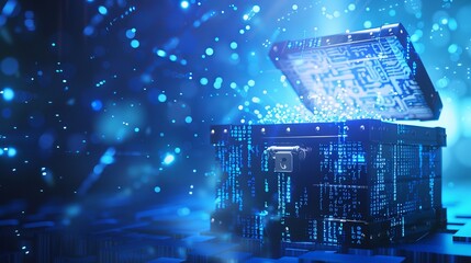 Digital code and statistical data emerging from a treasure chest, with a blue digital appearance and a blue background