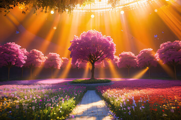 Wall Mural - blue sky landscape with wildflowers bathed in bright sunlight