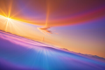 Wall Mural - abstract landscape of sunrise over mountains with light rays breaking through clouds, casting a warm
