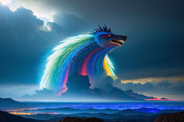 Wall Mural - devil figure, bright summer landscape with colorful rainbow streaking across the blue sky after rain