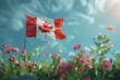 © iri.madrid.art - horizontal banner, Canada Day, red and white Canadian flag with a maple leaf among colorful flowers against a blue sky with clouds