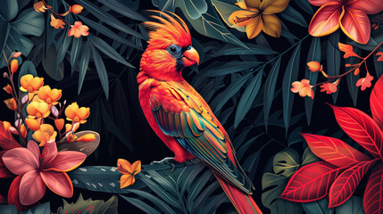 Modern graphic illustration of a Hawaii-inspired jungle with vibrant leaves and exotic flowers