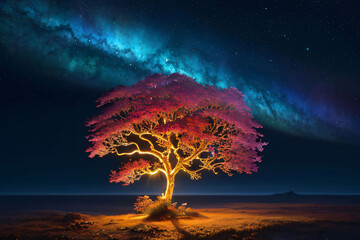 Wall Mural - lonely tree at night with lights in the sky
