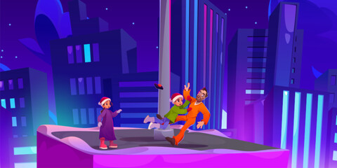 Wall Mural - Kids and prisoner on night city building roof cartoon background. Urban landscape view with children hero catch man on skyscraper rooftop. Starry sky and high real estate exterior of hotel concept