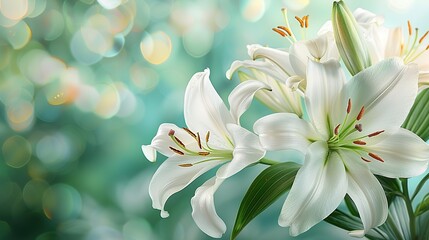 Wall Mural - white lilies on a soft green background