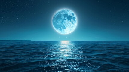 a serene scene under the bright moon above a tranquil sea with a black background offers ample copy 