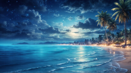 Beautiful tropical beach at night, in the dusk after sunset. Calm waters touching the dreamy sandy beach.
