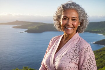 Wall Mural - Elderly Native Hawaiian Woman with Heavyset Body and Silver Hair Smiling in a Blush Pink Wrap Blouse