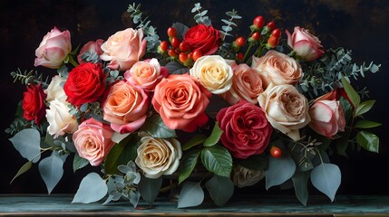 Wall Mural - a stunning bouquet of roses in various shades of red, pink, and white, elegantly arranged with lush 