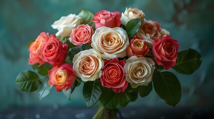 Wall Mural - a stunning bouquet of roses in various shades of red, pink, and white, elegantly arranged with lush 