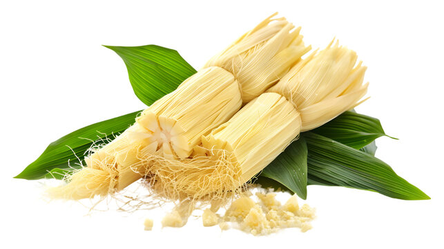 Fresh stringy corn, maize silk pile and with green leaves isolated on a transparent background