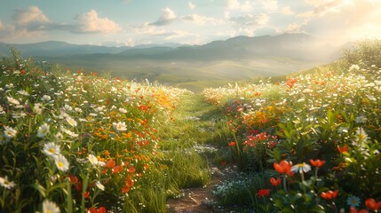 Wall Mural - a picturesque scene of wildflowers along a winding path, with a background of rolling hills and a cl