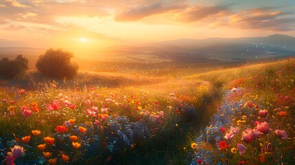 Wall Mural - A picturesque scene of wildflowers along a winding path, with a background of rolling hills and a clear sky. List of Art Media Photograph inspired by Spring magazine