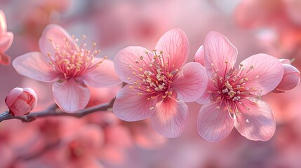 Wall Mural - cherry blossoms in full bloom with soft pink petals, set against a background of a clear spring sky,