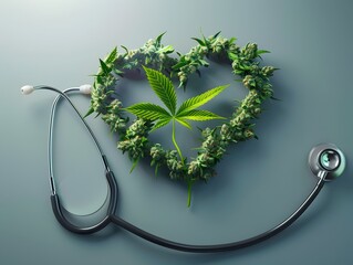 Stethoscope Heart Shape with Cannabis Leaf Medical Wellness Concept