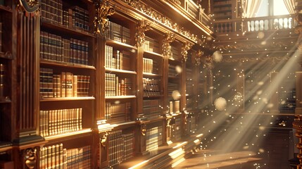 A sunlit vintage library with floating dust motes, ornate decor, and shelves of leather-bound books.