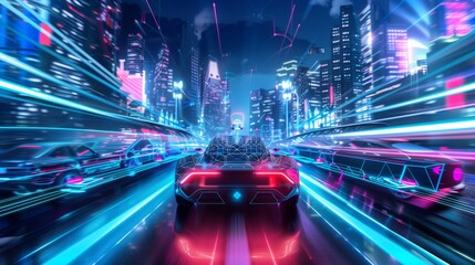 Wall Mural - experience a hyper-modern car showcase with autonomous vehicles and vibrant laser lights in a cyberp