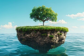 Travel and vacation background. 3d illustration with cut of the ground and the grass landscape. The trees on the island. eco design concept - generative ai