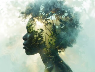 Wall Mural - Double exposure of beautiful woman and blue forest