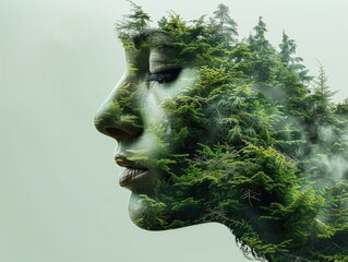 Wall Mural - Double exposure of beautiful woman and blue forest