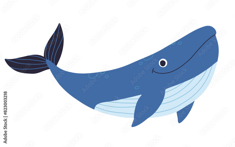 Cute blue whale swimming among starfishes and fishes in sea or ocean ...