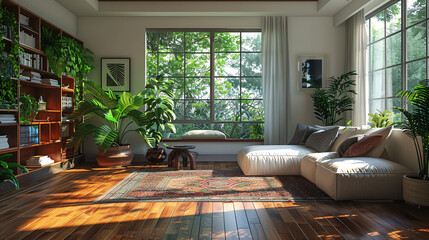 Wall Mural - Art-inspired living room with wooden floors, contemporary furniture, and classic decor