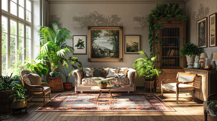 Wall Mural - Art-inspired living room with wooden floors, contemporary furniture, and classic decor