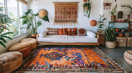 Wall Mural - Boho-inspired home with a houseplant, chic furnishing, and bright decor elements