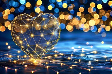 Poster - A glowing wireframe heart illuminated with golden lights and surrounded by vibrant bokeh, symbolizing love and connection in a digital and modern art form, Generative AI
