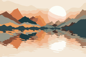 Wall Mural - Minimalistic mountain lake at dawn, morning light and sun, vector illustration