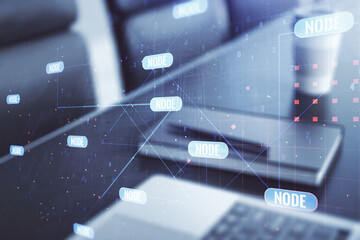 Wall Mural - double exposure of abstract programming language on laptop background, research and development conc