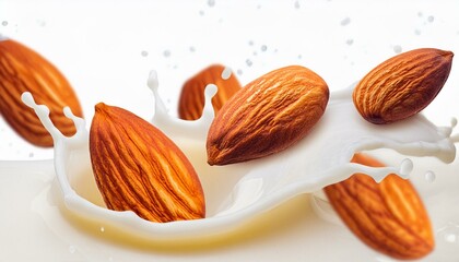 Almond Splash Sensation: Milk and Nuts Isolated on White