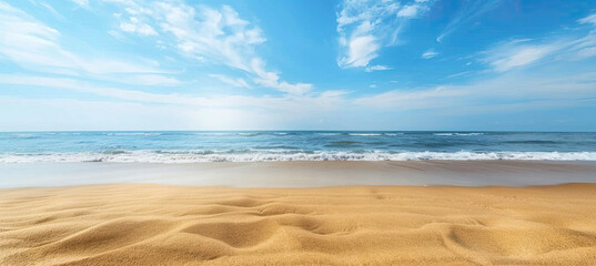 Wall Mural - Sand on beach and blue summer sky. Panoramic beach landscape. Empty tropical beach and seascape.