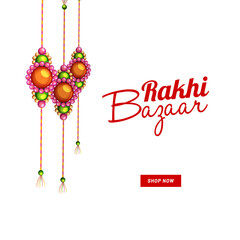 Canvas Print - Rakhi Bazaar Poster Design with Special Offer, Beautiful Three Rakhis Hang on Orange Background.